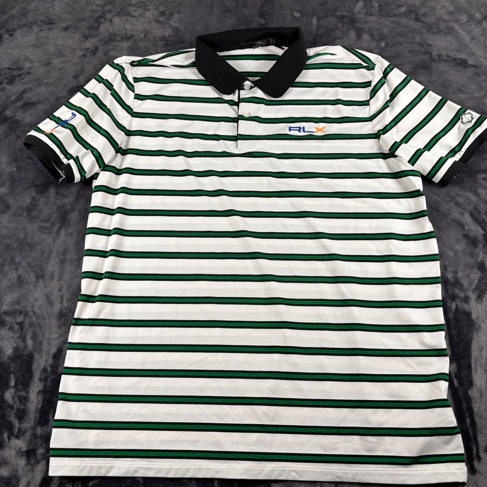 RLX Ralph Lauren Polo Shirt Mens XL White Green Striped Golf Performance S/S